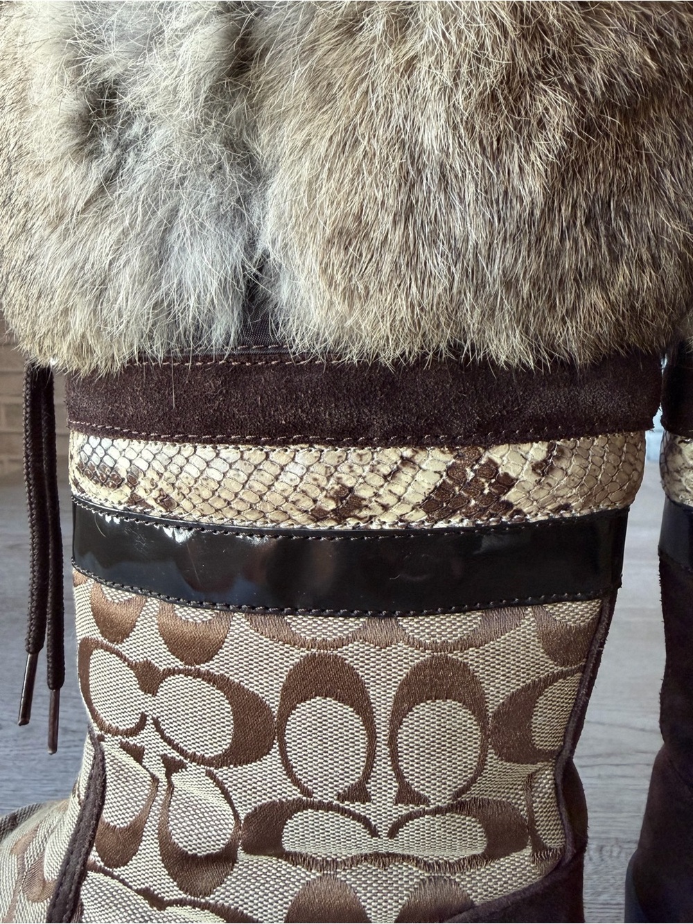 Coach Lorna Rabbit Fur Lined Winter Boots Signature Brown Size 7M - Picture 13 of 17